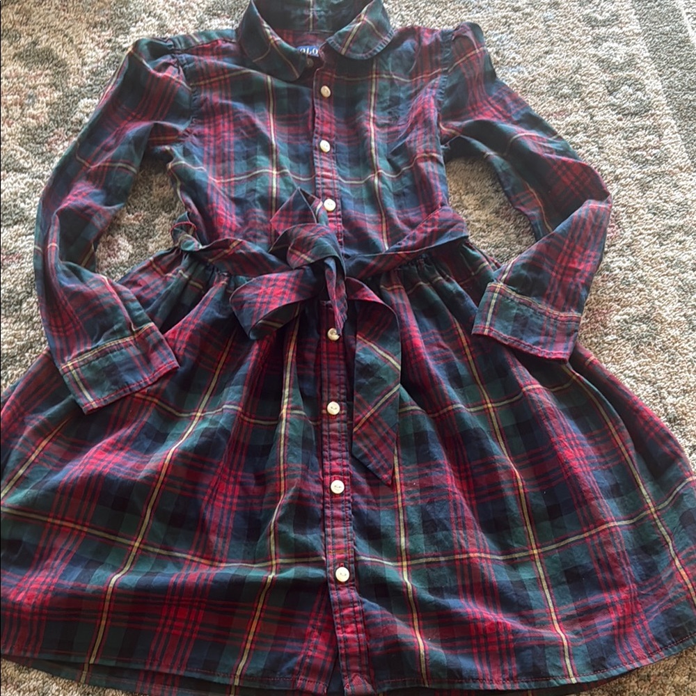 Ralph Lauren girls plaid cotton twill shirt dress size 6X pockets too
